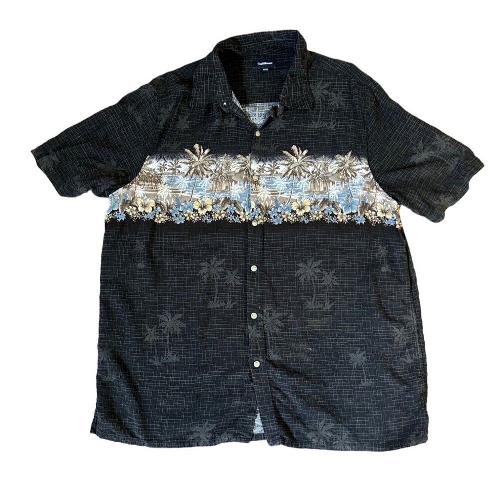Croft‎ & Barrow Men's Hawaiian Shirt XL Black Tropical Floral Tiki Palm Trees